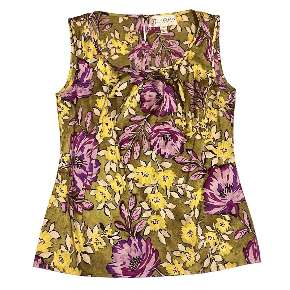 ST. JOHN COLLECTION Purple Green Floral Sleeveless Top Silk Blend Vibrant Size P